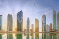 Panoramic view of Business bay and Lake Tower, reflection in a river, Dubai UAE Royalty Free Stock Photo