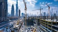 A panoramic view of a bustling construction site with cranes Royalty Free Stock Photo