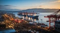 A panoramic view of a bustling harbor, with ships coming and going and people working on the docks.