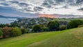 Panoramic view of Cable Bay at sunrise and Mangonui in New Zealand Royalty Free Stock Photo