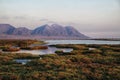 Panoramic view of Cabo de Gata wetlands with pink flamingos in the background Royalty Free Stock Photo