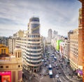 Panoramic view of the Callao square with business skyscrapers and big traffic.