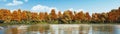 Panoramic view of calm forest lake at autumn day Royalty Free Stock Photo