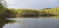 Panoramic view on calm water of forest lake, fish pond Kunraticky rybnik with birch and spruce trees growing along the Royalty Free Stock Photo