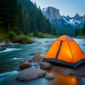 Panoramic view with camping tents in river, mountains and forest area concept in winter, summer and spring Royalty Free Stock Photo