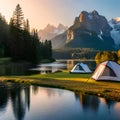 Panoramic view with camping tents in river, mountains and forest area concept in winter, summer and spring Royalty Free Stock Photo