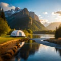 Panoramic view with camping tents in river, mountains and forest area concept in winter, summer and spring Royalty Free Stock Photo