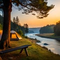 Panoramic view with camping tents in river, mountains and forest area concept in winter, summer and spring Royalty Free Stock Photo