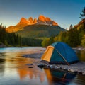 Panoramic view with camping tents in river, mountains and forest area concept in winter, summer and spring Royalty Free Stock Photo