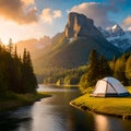 Panoramic view with camping tents in river, mountains and forest area concept in winter, summer and spring Royalty Free Stock Photo