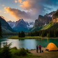 Panoramic view with camping tents in river, mountains and forest area concept in winter, summer and spring Royalty Free Stock Photo