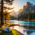 Panoramic view with camping tents in river, mountains and forest area concept in winter, summer and spring Royalty Free Stock Photo