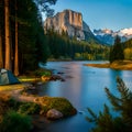 Panoramic view with camping tents in river, mountains and forest area concept in winter, summer and spring Royalty Free Stock Photo