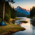 Panoramic view with camping tents in river, mountains and forest area concept in winter, summer and spring Royalty Free Stock Photo