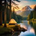 Panoramic view with camping tents in river, mountains and forest area concept in winter, summer and spring Royalty Free Stock Photo