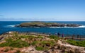 Panoramic view of Cape du Couedic with Casuarina Islets and boardwalk to admirable arch on Kangaroo island in Australia
