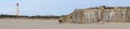 Panoramic view of Cape May Point State Park bunker and lighthouse in New Jersey Royalty Free Stock Photo