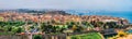 Panoramic view of the capital of Corfu island. Aerial summer cityscape of Kerkira town. Colorful morning seascape of Ionian Sea, G