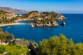 Panoramic view of Capo Taormina cape with Isola Bella island on Ionian sea shore in Messina region of Sicily in Italy Royalty Free Stock Photo