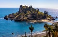 Panoramic view of Capo Taormina cape with Isola Bella island on Ionian sea shore in Messina region of Sicily in Italy Royalty Free Stock Photo