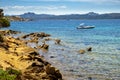 Panoramic view of Caprera Island and Spiaggia di Cala Portese harbor at the Tyrrhenian Sea coastline with La Maddalena archipelago