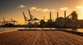 Industrial Port and Factory at Golden Hour with Wooden Pier Royalty Free Stock Photo