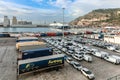 Panoramic view of cargo port in Barcelona. Freight transportation by container ship in harbor. Colorful containers at Royalty Free Stock Photo