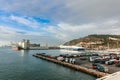 Panoramic view of cargo port in Barcelona. Freight transportation by container ship in harbor. Colorful containers at Royalty Free Stock Photo