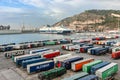 Panoramic view of cargo port in Barcelona. Freight transportation by container ship in harbor. Colorful containers at Royalty Free Stock Photo