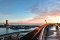 Panoramic view of cargo port in Barcelona. Freight transportation by container ship in harbor morning at dawn with Royalty Free Stock Photo