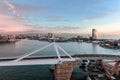 Panoramic view of cargo port in Barcelona. Freight transportation by container ship in harbor morning at dawn with Royalty Free Stock Photo