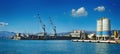 Panoramic view of cargo terminal Port Genoa with cranes, Italy Royalty Free Stock Photo