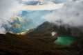 Panoramic view of Carpathian Mountains with green lake. Royalty Free Stock Photo