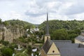 Panoramic view of the casemates and the historic center of Luxembourg City. Beautiful aerial view from the Balcony of Europe. Royalty Free Stock Photo
