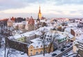 Panoramic view of the castle and the old town of Tallinn from the observation deck in winter