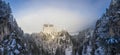 panoramic view of castle in snowy rocky mountains, Neuschwanstein Royalty Free Stock Photo