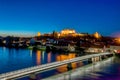 Panoramic view of Castle on top of hill at night, aerial view of Ptuj, Slovenia in dusk Royalty Free Stock Photo