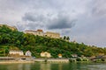 Panoramic view castle Veste Oberhaus on river Danube. Antique fortress in Passau, Lower Bavaria, Germany