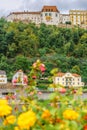 Panoramic view castle Veste Oberhaus on river Danube. Antique fortress in Passau, Lower Bavaria, Germany