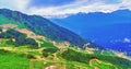Panoramic view of Caucasian mountains under blue cloudy sky Royalty Free Stock Photo