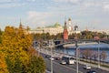 MOSCOW, RUSSIA - OCTOBER 13, 2018: Panoramic view of the center of Moscow Kremlin and the Moscow river on a clear autumn day Royalty Free Stock Photo