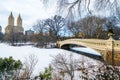 Panoramic view of Central Park Bow bridge and Upper West side in winter Royalty Free Stock Photo