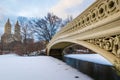 Panoramic view of Central Park Bow bridge and Upper West side in winter Royalty Free Stock Photo