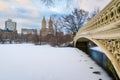 Panoramic view of Central Park Bow bridge and Upper West side in winter Royalty Free Stock Photo