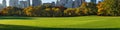 Panoramic view of Central Park Sheep Meadow in early morning sunlight. Manhattan, New York City