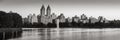 Panoramic view of Central Park and the Jacqueline Kennedy Onassis Reservoir at dawn B&W. Upper West Side, Manhattan, New York Royalty Free Stock Photo