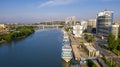 Panoramic view of the central part of Rostov-on-Don. , aerial view, the river Don, view of the city embankment, pleasure boats, Royalty Free Stock Photo