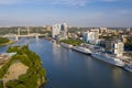 Panoramic view of the central part of Rostov-on-Don. , aerial view, the river Don, view of the city embankment, pleasure boats, Royalty Free Stock Photo