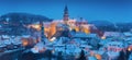 Panoramic view of Cesky Krumlov in winter season, Czech Republic. View of the snow-covered roofs. Travel and Holiday in Europe. Royalty Free Stock Photo