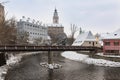 Panoramic view of Cesky Krumlov in winter season, Czech Republic. View of the snow-covered roofs. Travel and Holiday in Europe. Royalty Free Stock Photo